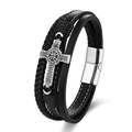 Pulsera multicapa de hombre en cuero negro con cruz plateada vintage y cierre magnético - 19cm / Color Acero