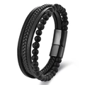Multilayer braided leather men's bracelet with matte tiger eye beads and magnetic clasp - 19cm / Lava Stone