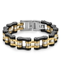 Men's stainless steel bicycle chain bracelet in black, gold, and silver tricolor finish - 1.6cm Wide * 22cm Long / Black and Gold