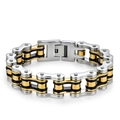 Men's bike chain bracelet in gold and silver stainless steel with black rubber links - 1.6cm Wide * 22cm Long / Two-tone Black Gold