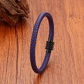 Detail of blue and brown braided leather bracelet with black magnetic metal clasp - Black Clasp - Blue/Brown Braided