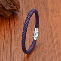 Detail of blue and brown braided leather bracelet with silver textured magnetic clasp - Silver Clasp - Blue/Brown Braided