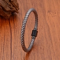 Detail of woven leather bracelet with black magnetic clasp on rustic wood background - Style B - Dark Grey (Black Clasp)
