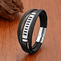 Men's multilayer braided leather bracelet with hollow stainless steel plate on wood - S / Silver