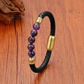 Pulsera de cuero hecha a mano con piedras naturales violetas y cierre magnético - Cierre Magnético Dorado con Cuentas Redondas Moradas (Estilo 1) / 19cm