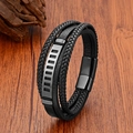 Men's multi-layer black braided leather bracelet with hollow stainless steel plate - S / Black