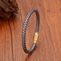 Braided leather bracelet with geometric gold magnetic clasp on a natural wooden surface - Style B - Dark Grey (Gold Clasp)
