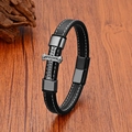 Premium Herren-Armband aus Leder mit Edelstahl-Kreuz und Magnetverschluss auf Holz - 19cm / Schwarz