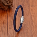 Pulsera de cuero trenzado azul y negro para hombre y mujer con cierre magnético de plata - 19cm / Cierre Plateado - Trenzado Azul/Negro