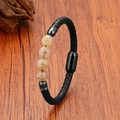 Bracelet en cuir tressé noir avec quatre perles de quartz rutilé doré et fermoir magnétique - Perles Rondes Jaunes avec Fermoir Magnétique Noir (Style 5) / 19cm