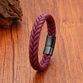 Bracciale intrecciato a mano in pelle bordeaux con chiusura magnetica nera su legno - Pelle Borgogna Chiusura Nera / 19cm