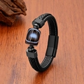 Herren Lederarmband handgewebt mit geometrischem Stein und Magnetverschluss - 19cm / Schwarz