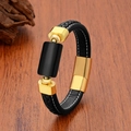 Pulsera para hombre en cuero negro y cierre dorado sobre fondo de madera oscura - Decoración Rectangular Negra-Cierre Dorado (Estilo 3) / 19cm