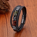 Bracelet multicouche en cuir pour homme avec pierres œil de tigre et fermoir magnétique - Style 6 (Oeil de Tigre Vert Foncé/Brun Rougeâtre)
