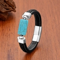 Herren Lederarmband mit geflochtener Kordel, Türkis-Stein und poliertem Edelstahlverschluss - Rechteckiger Türkis-Silberner Verschluss (Stil 5)