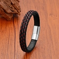 Bracelet pour homme en cuir tressé rouge et noir avec un fermoir magnétique en argent - 19cm / Noir Rouge Patchwork Boucle Argentée (Style 2)