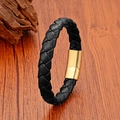 Pulsera trenzada de cuero negro para hombre con cierre magnético dorado sobre fondo madera - 19cm / Cuero Negro Con Cierre Dorado (Estilo 4)