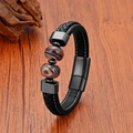 Detail of men's black braided leather bracelet featuring agate beads and magnetic clasp - Agate Pattern Beads Black Clasp Style (Style Five)