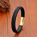 Détail du bracelet en cuir tressé avec coutures bleues et fermoir magnétique doré - 19cm / Noir Ligne Bleue Boucle Dorée (Style 4)