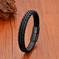Bracciale in pelle intrecciata da uomo con chiusura magnetica nera su base in legno - 19cm / Nero Blu Intrecciato Fibbia Nera (Stile 6)