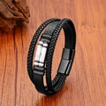 Nahaufnahme von mehrlagigem schwarzem Lederarmband mit Marmorsteinperlen und Magnetverschluss - Weißer Marmorstein (Stil 6)