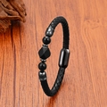 Bracciale da uomo in pelle nera intrecciata con perline occhio di tigre e chiusura magnetica - Pietra Nera (Stile 2) / 19cm