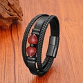 Pulsera de cuero trenzado negro de varias capas con corazones rojos y cierre magnético - 19cm / Estilo Corazón de Piedra Roja