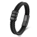 Men's double-braided black leather bracelet with black magnetic metal clasp - Black Leather Black Hardware / 19cm