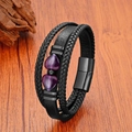 Bracelet multicouche en cuir tressé noir avec cœurs violets et fermoir magnétique - Style Cœur en Pierre Violette