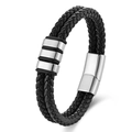 Men's black woven leather bracelet with silver metal rings and magnetic clasp - Black Leather Silver Hardware / 19cm