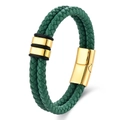 Men's double-layered green woven leather bracelet with polished gold magnetic clasp - Green Leather Gold Hardware / 19cm