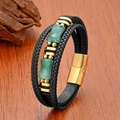 Bracelet multicouche en cuir tressé pour homme avec perles vertes et fermoir magnétique doré - 19cm / Style 1 (Pierre Verte + Fermoir Doré)