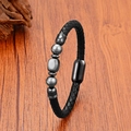 Close-up of braided black leather bracelet with dark grey metal beads and magnetic clasp - Dark Grey Metal Beads (Style 7)