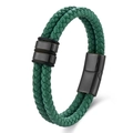Men's braided green leather bracelet with matte black magnetic metal clasp - Green Leather Black Hardware