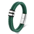 Men's braided green leather bracelet with silver magnetic buckle and metal rings - Green Leather Silver Hardware