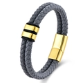 Men's braided gray leather bracelet with gold magnetic clasp and metal ring accents - Gray Leather Gold Hardware