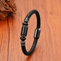 Bracelet pour homme en cuir tressé noir avec perles en pierre et fermoir magnétique en inox - Métal Noir Cool (Style 4)