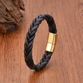 Close-up of woven black leather bracelet for men with polished gold magnetic clasp - Style 5 (Black & Gray - Gold Clasp)