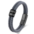 Men's double-layered grey braided leather bracelet with black magnetic metal clasp - Gray Leather Black Hardware