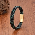Detail of woven black and dark green leather bracelet with gold magnetic clasp - 19cm / Style 4 (Black & Green - Gold Clasp)
