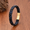 Detail of blue and black braided leather bracelet with golden magnetic clasp on wood - 19cm / Style 3 (Blue & Black - Gold Clasp)