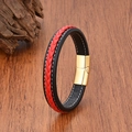Pulsera artesanal de cuero para hombre con costura roja y cierre magnético dorado liso - Patchwork Negro y Rojo/Hebilla Dorada (Estilo 1) / 19cm