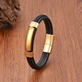 Detail of woven black leather strap and polished gold magnetic clasp on men's bracelet - Gold Style (Style 7)
