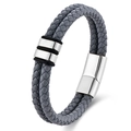 Men's double-layered grey woven leather bracelet with polished silver magnetic clasp - Gray Leather Silver Hardware