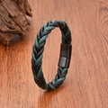 Men's woven leather bracelet with matte black magnetic clasp on a dark wood background - Style 9 (Black & Green - Black Clasp)