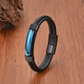 Men's black braided leather bracelet with a blue metal plate and magnetic clasp - Blue Electroplated Style (Style 5)