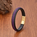 Pulsera de cuero trenzado a mano en color lila y negro con cierre magnético dorado - Patchwork Negro y Púrpura/Hebilla Dorada (Estilo 3) / 19cm