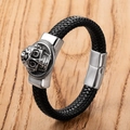 Bracelet punk en cuir tressé avec crâne en acier inoxydable et fermoir magnétique - Style Simple Tête de Mort / 19cm