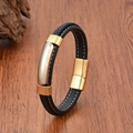 Detail of leather men bracelet with magnetic clasp and woven design on wood background - Two-Tone Style (Style 8)
