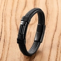 Detalle de una pulsera de cuero negro trenzado con cierre magnético de acero inoxidable y costura - 19cm / Negro Industrial (Estilo-C)